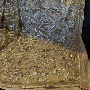 Elegant beige Gold sequins lace Embroidered Saree